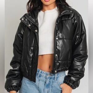 Black Faux Leather Puffer Jacket